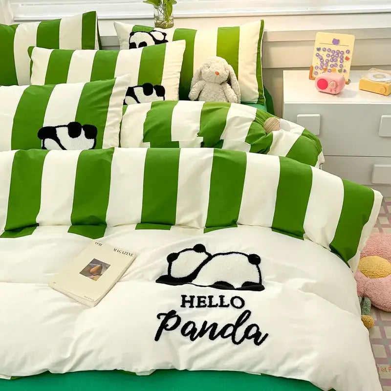 Green and white striped bedding set with embroidered panda designs and hello panda text for cat embroidery stripes collection