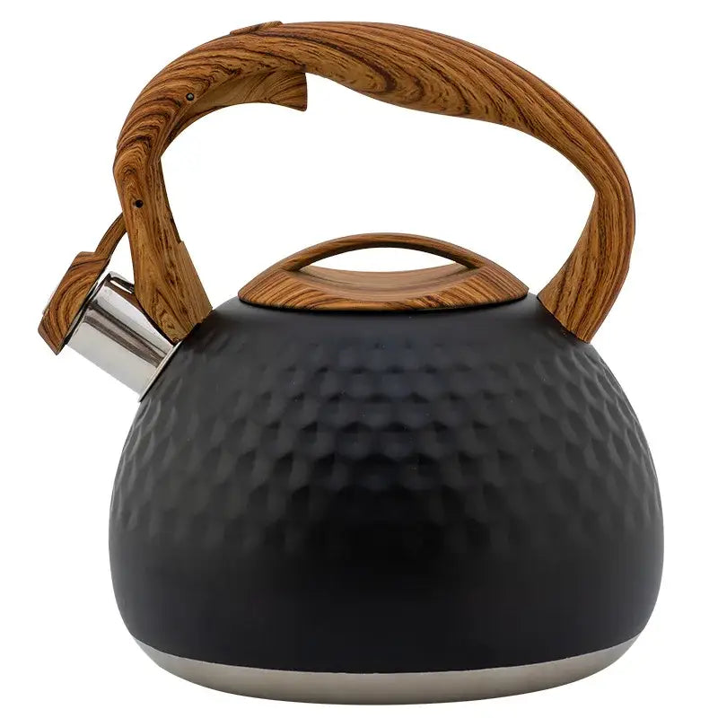 Black hammered stainless steel whistle boiling kettle with natural wood handle and silver spout for kitchen decor