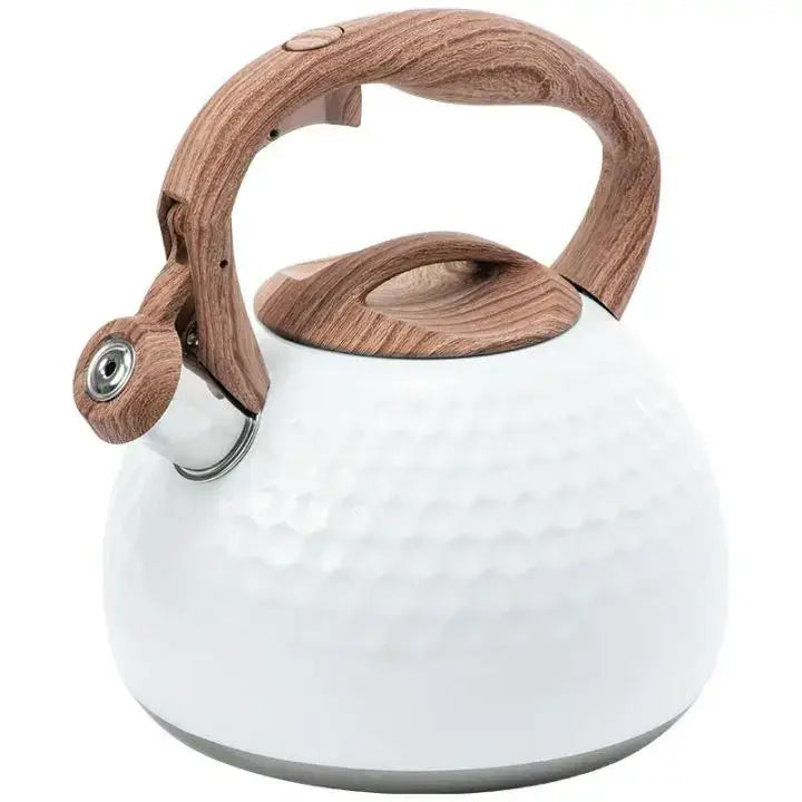 White hammered stainless steel whistle boiling kettle with warm wooden handle and lid for kitchen decor
