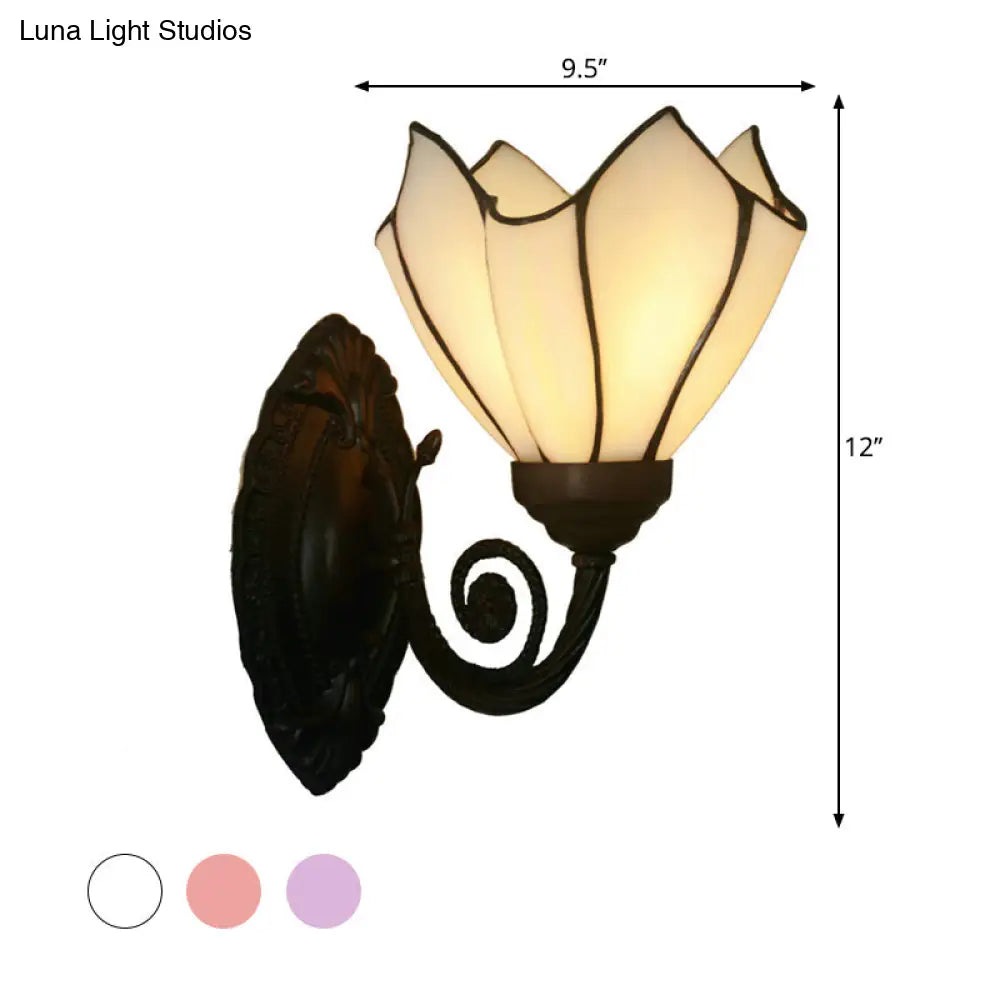 Black Hand Cut Glass Floral Wall Lighting: Mediterranean Style 1-Bulb Wall Mounted Lamp