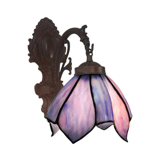 Black Hand Cut Glass Floral Wall Lighting: Mediterranean Style 1-Bulb Wall Mounted Lamp
