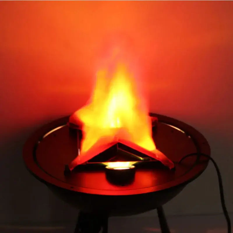 Black hanging electronic brazier flame lamp with realistic orange and yellow flames in a black metal frame pendant light