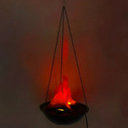 Black hanging electronic brazier flame lamp with glowing red led flames used as a pendant light for bars