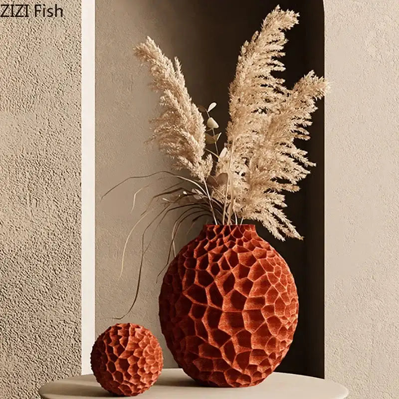 Terracotta ceramic vase with honeycomb texture ideal for artificial flower arrangement in living room decor