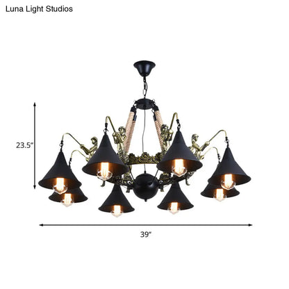 Black Industrial Bell Chandelier Light w/ Mermaid Deco - Metal/Rope Suspension | 6/8 Bulbs