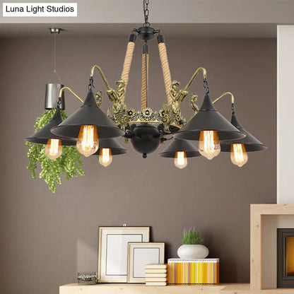 Black Industrial Bell Chandelier Light w/ Mermaid Deco - Metal/Rope Suspension | 6/8 Bulbs