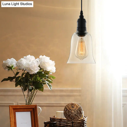 Black Industrial Bell Pendant Light Fixture with Clear Glass Shade - Single-Bulb Hanging Light