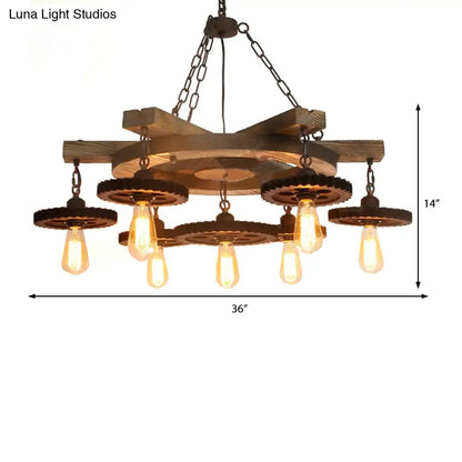 Black Industrial Chandelier: 3/7-Light Metal Gear Down Lighting with Wooden Shelf