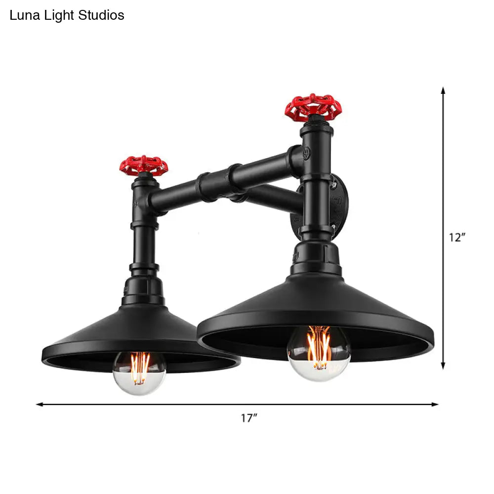 Black Industrial Cone Wall Mounted Light with Red Valve: 2 Heads Metal Wall Lamp for Hallway