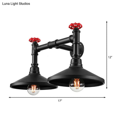 Black Industrial Cone Wall Mounted Light with Red Valve: 2 Heads Metal Wall Lamp for Hallway