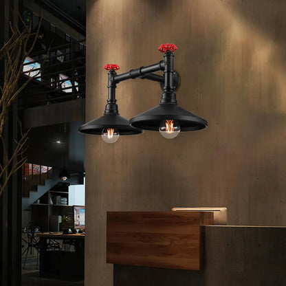 Black Industrial Cone Wall Mounted Light with Red Valve: 2 Heads Metal Wall Lamp for Hallway