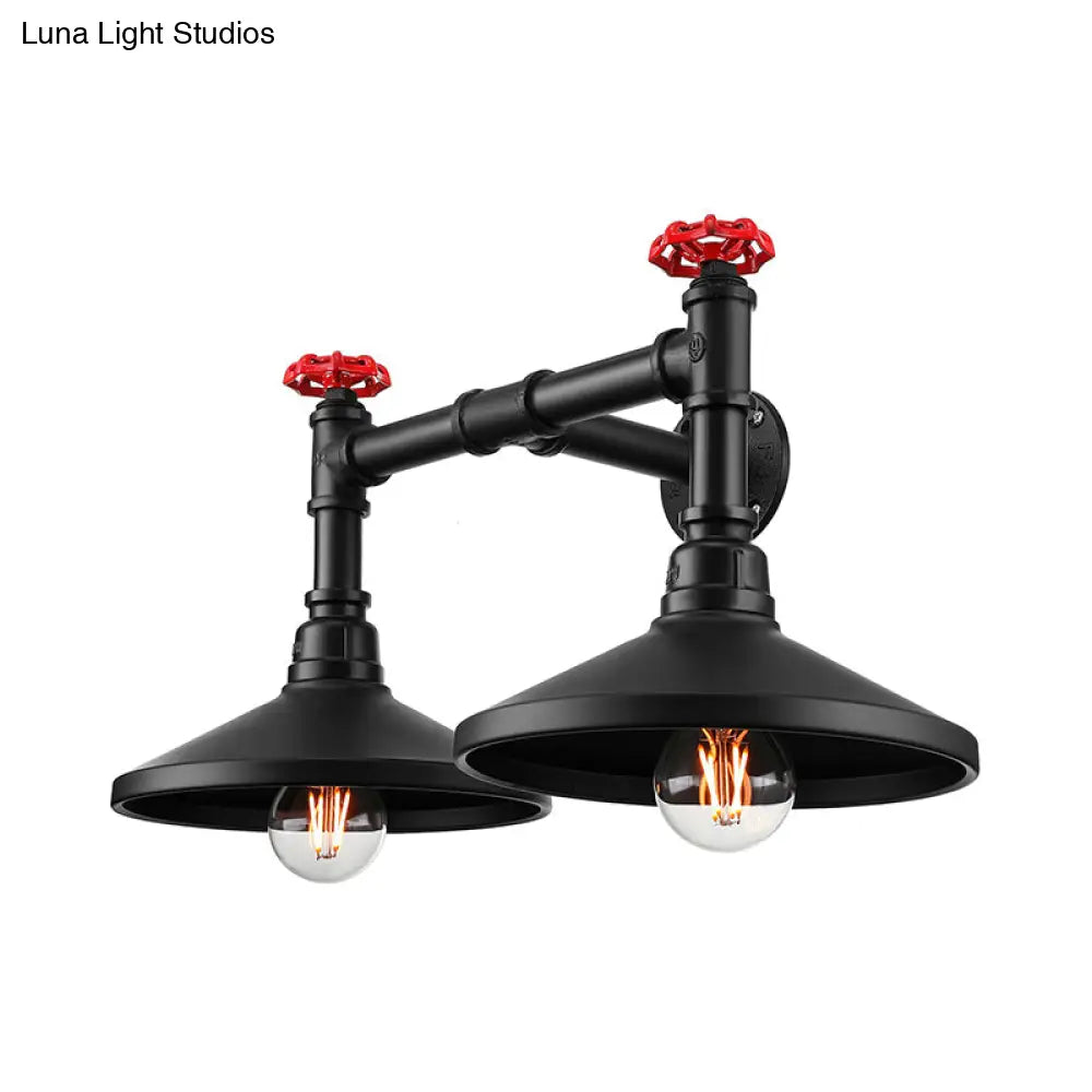 Black Industrial Cone Wall Mounted Light with Red Valve: 2 Heads Metal Wall Lamp for Hallway