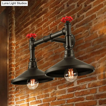 Black Industrial Cone Wall Mounted Light with Red Valve: 2 Heads Metal Wall Lamp for Hallway