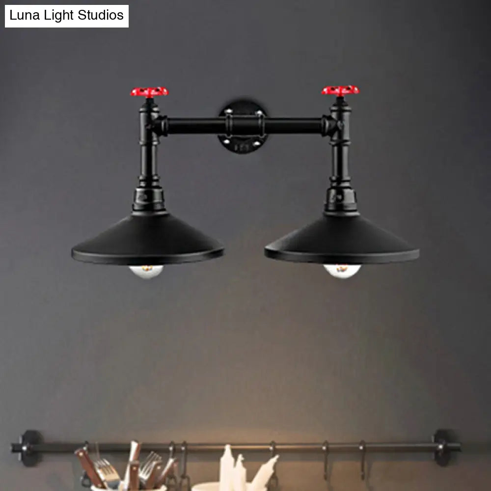 Black Industrial Cone Wall Mounted Light with Red Valve: 2 Heads Metal Wall Lamp for Hallway