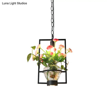 Black Industrial Iron Pendant with Clear Glass Plant Pot: 1 Light Down Lighting Cage Design