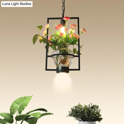 Black Industrial Iron Pendant with Clear Glass Plant Pot: 1 Light Down Lighting Cage Design