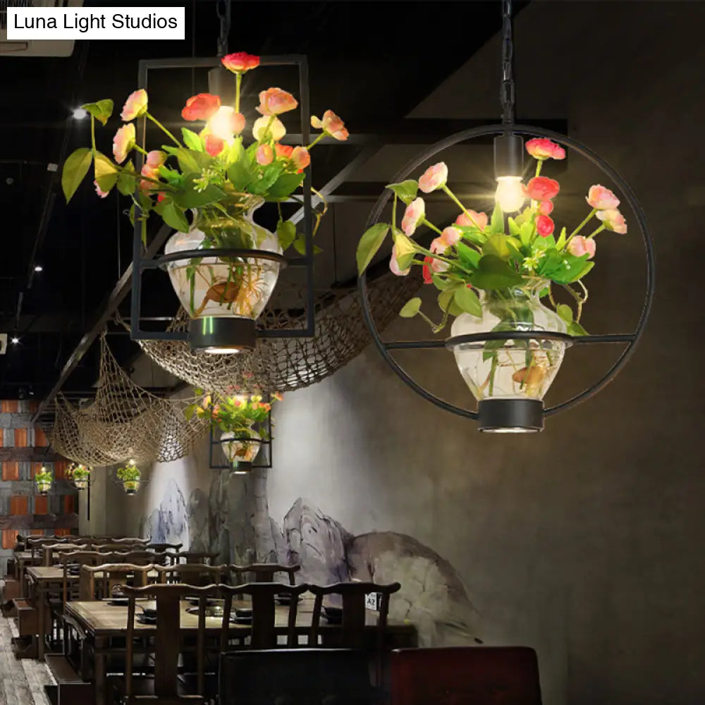 Black Industrial Iron Pendant with Clear Glass Plant Pot: 1 Light Down Lighting Cage Design