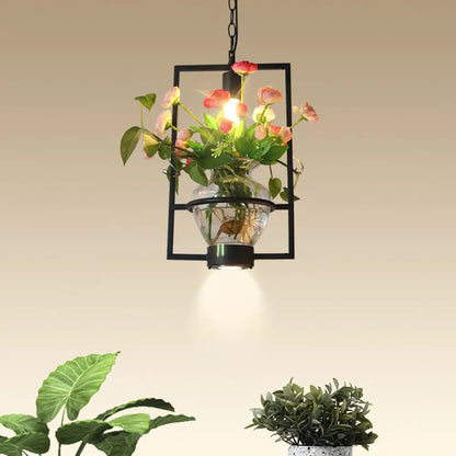 Black Industrial Iron Pendant with Clear Glass Plant Pot: 1 Light Down Lighting Cage Design