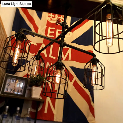 DecorBites™ Black Industrial Iron Semi Flush Mount Ceiling Light with Metallic Wire Cage & Water Pipe, 1 Light for Living Room