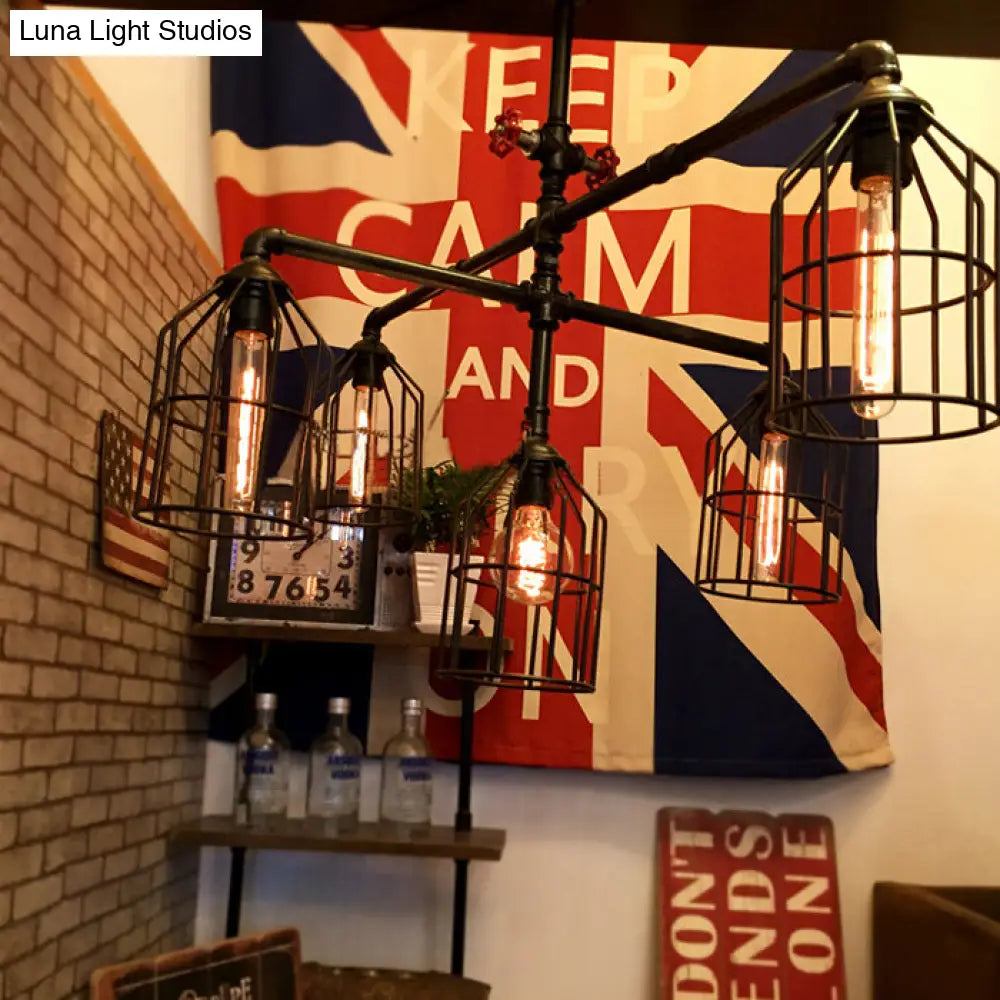 DecorBites™ Black Industrial Iron Semi Flush Mount Ceiling Light with Metallic Wire Cage & Water Pipe, 1 Light for Living Room