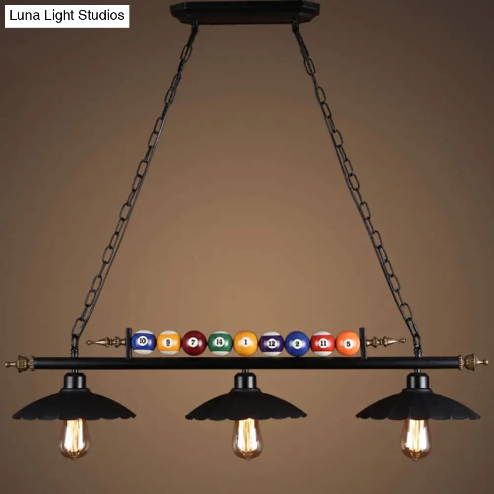 DecorBites™ Black Industrial Metal Linear Island Light with 3-Light Suspension, Shade, and Billiard Balls