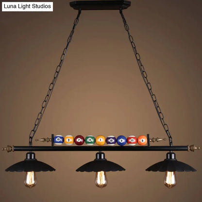 DecorBites™ Black Industrial Metal Linear Island Light with 3-Light Suspension, Shade, and Billiard Balls