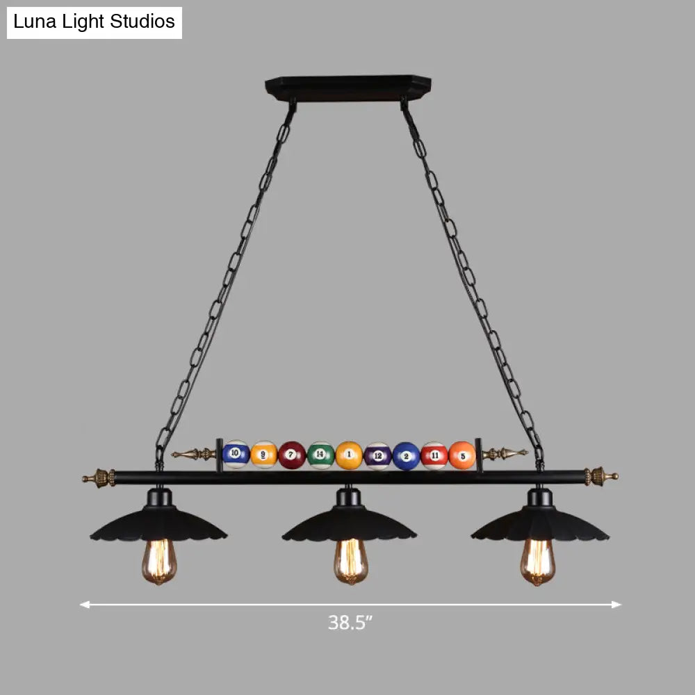 DecorBites™ Black Industrial Metal Linear Island Light with 3-Light Suspension, Shade, and Billiard Balls