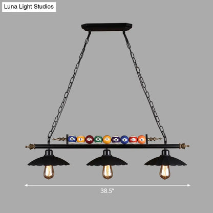 DecorBites™ Black Industrial Metal Linear Island Light with 3-Light Suspension, Shade, and Billiard Balls