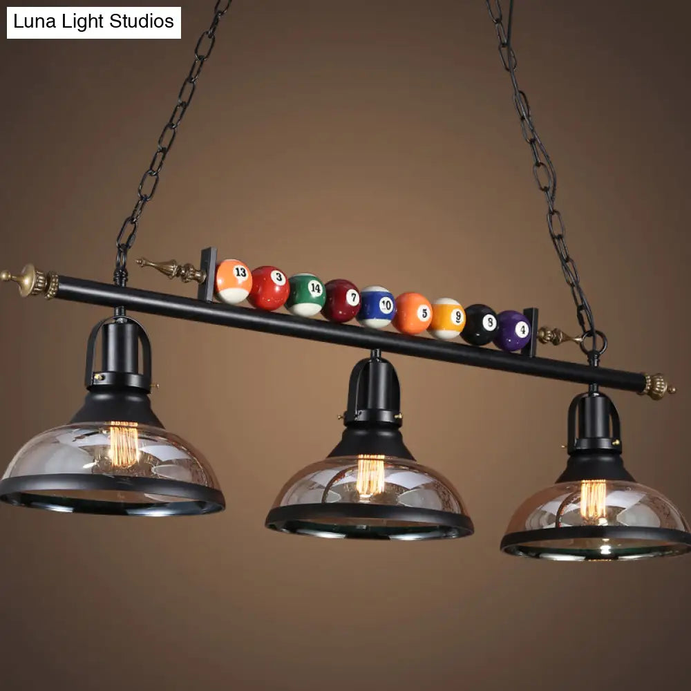 DecorBites™ Black Industrial Metal Linear Island Light with 3-Light Suspension, Shade, and Billiard Balls