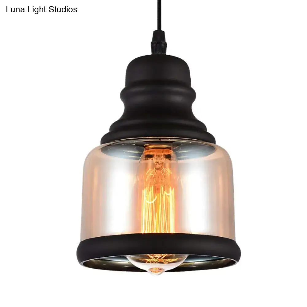 DecorBites™ black industrial cylinder pendant lighting with clear glass shade and exposed filament bulb for living room