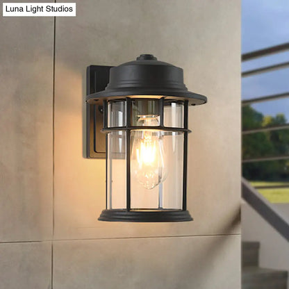 مصباح حائط صناعي أسود مع أسطوانة زجاجية شفافة ولوحة خلفية مستطيلة/دائرية