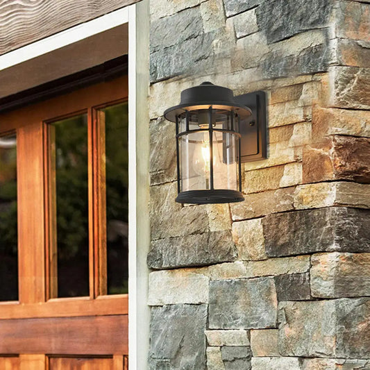 Black Industrial Sconce Light with Clear Glass Cylinder and Rectangle/Round Backplate