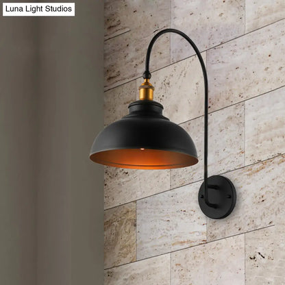 Black Industrial Style Wall Sconce with Bowl Shade & Arched Arm - Bedside Lighting Solution