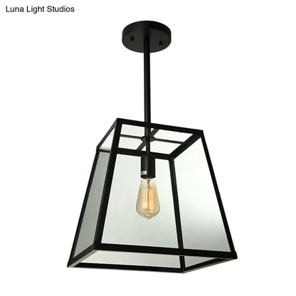 Black Industrial Trapezoid Pendant Light with Clear Glass - 12" / 14" Wide