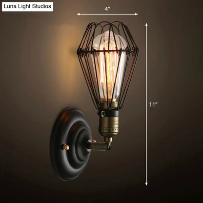 Black Industrial Wall Mount Iron Light Fixture with Single Pear Cage Bulb