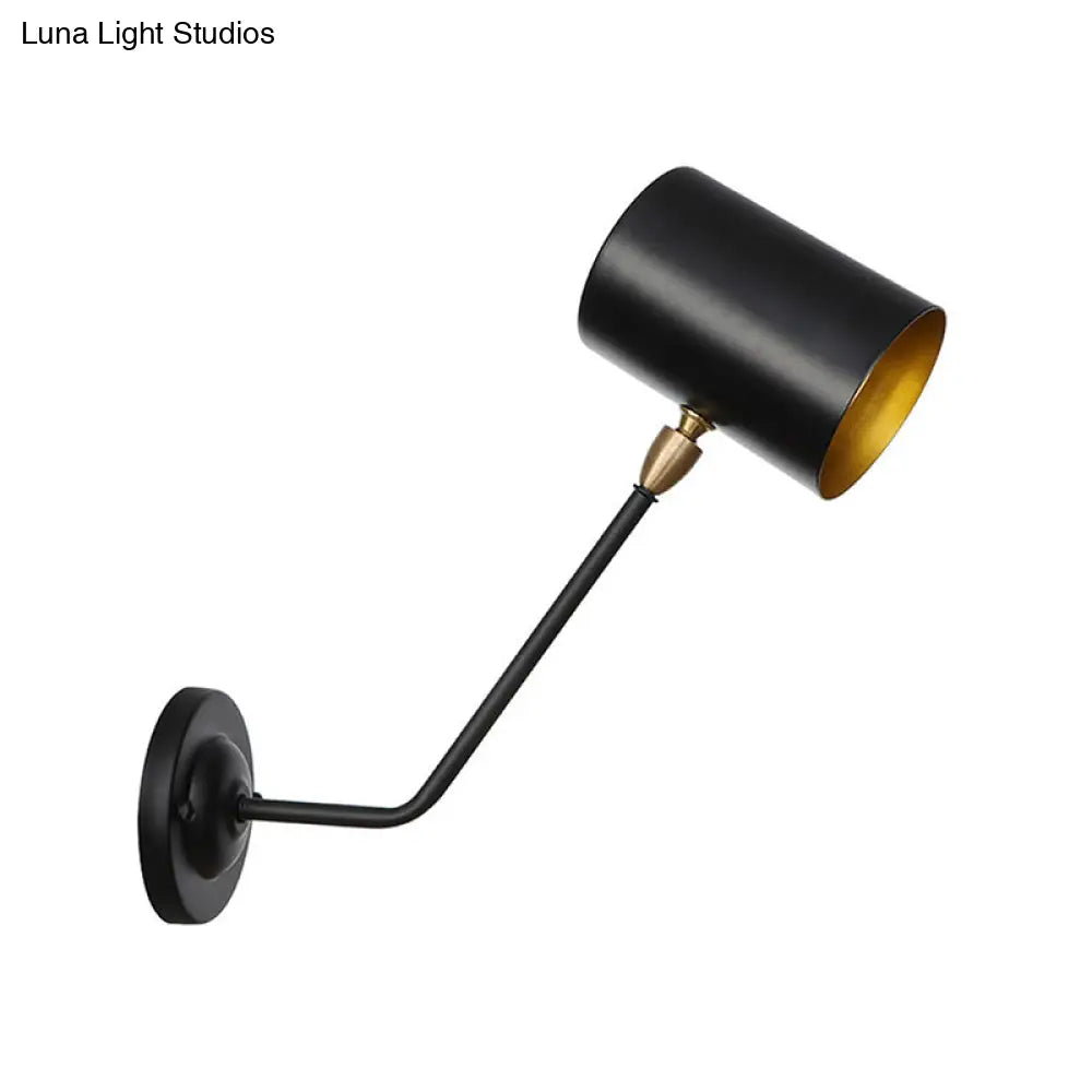Black Industrial Wall Sconce - Metal Cylindrical Bedroom Lamp with Angled Arm
