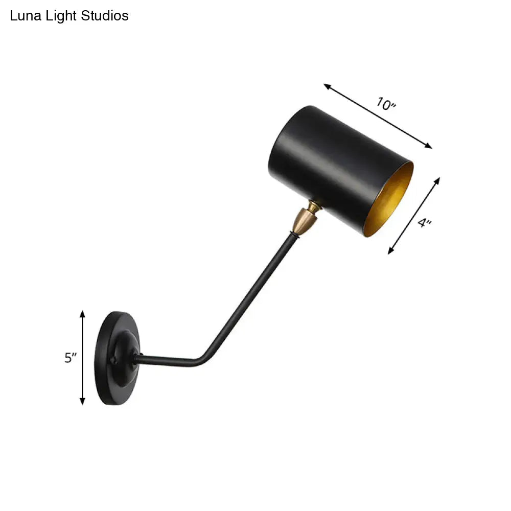 Black Industrial Wall Sconce - Metal Cylindrical Bedroom Lamp with Angled Arm