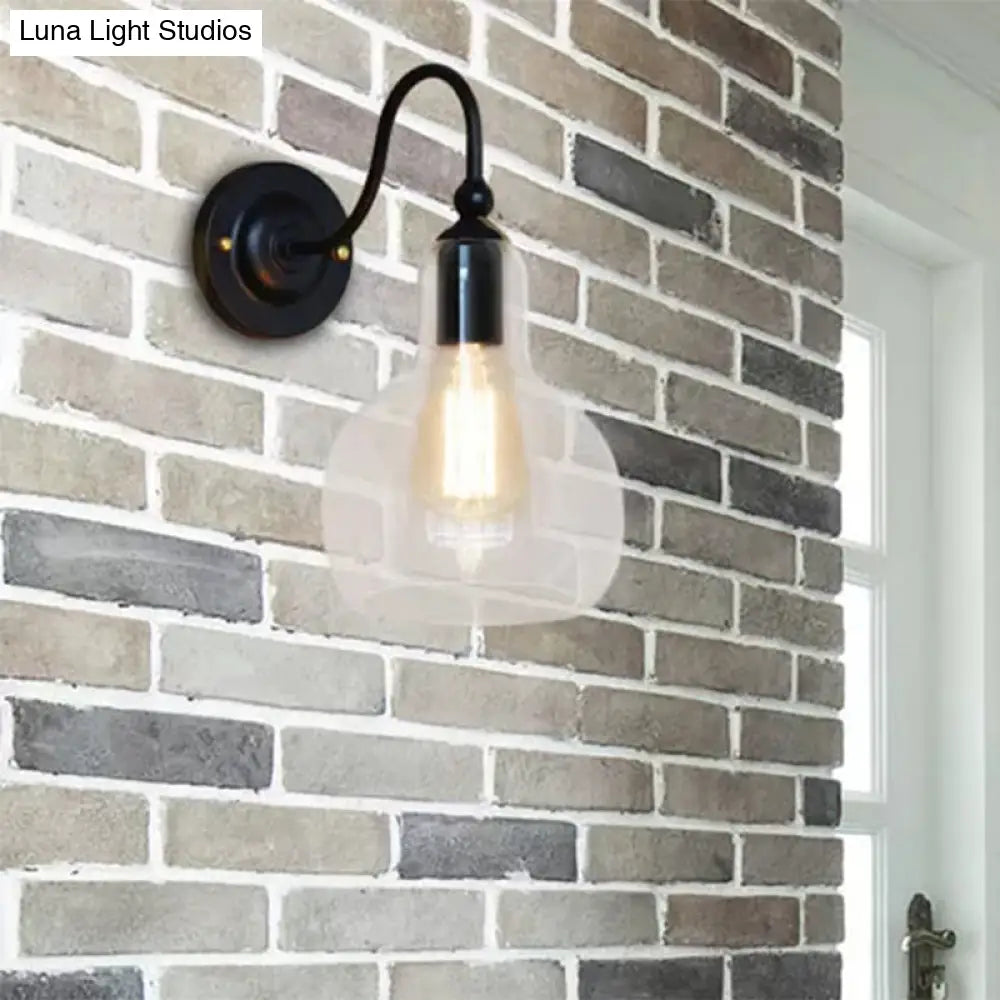 Black Industrial Wall Sconce with Clear Glass Gourd Shade - Single Bulb Corridor Lighting Fixture