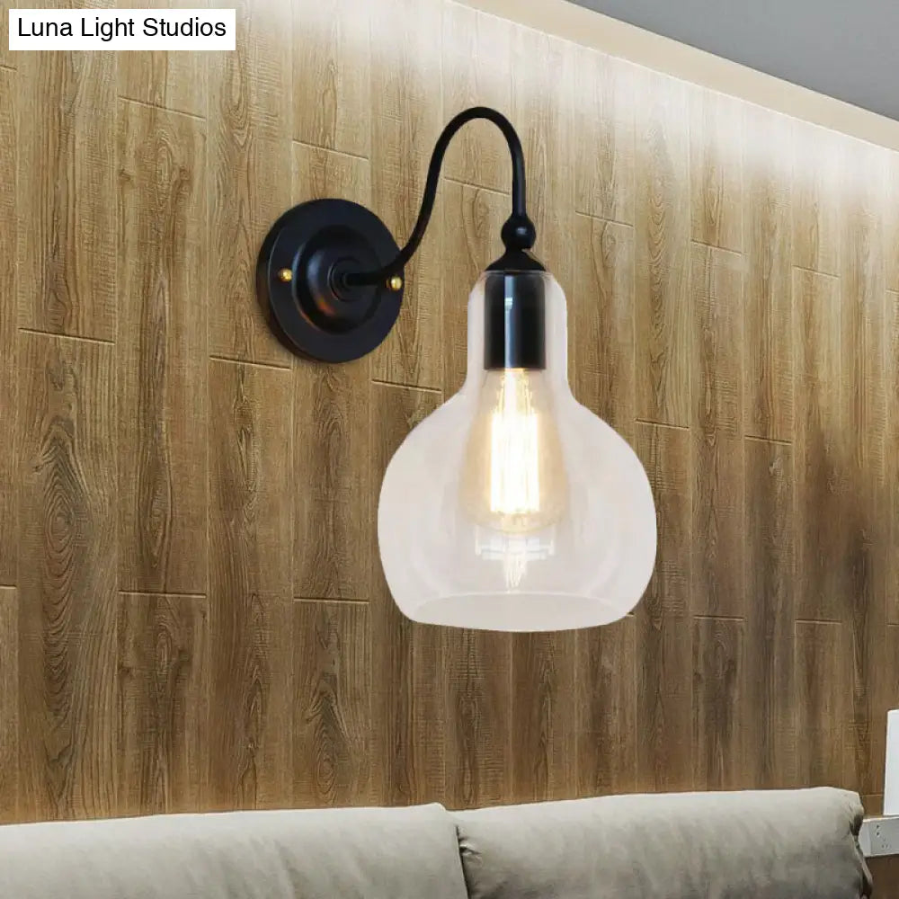 Black Industrial Wall Sconce with Clear Glass Gourd Shade - Single Bulb Corridor Lighting Fixture