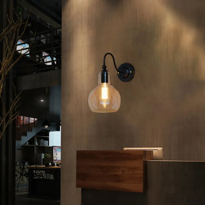 Black Industrial Wall Sconce with Clear Glass Gourd Shade - Single Bulb Corridor Lighting Fixture