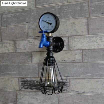 ديكوربايتس™ إضاءة حائطية صناعية سوداء مع قفص ومقياس - مصباح حائط معدني برأس واحد