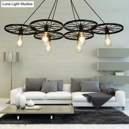 Black Industrial Wheel Chandelier for Living Room: Metal Hanging Light Fixture