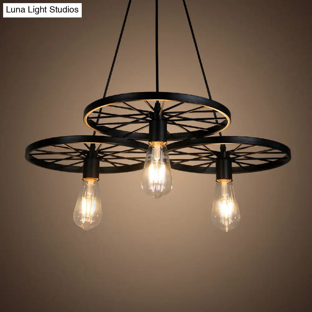 Black Industrial Wheel Chandelier for Living Room: Metal Hanging Light Fixture