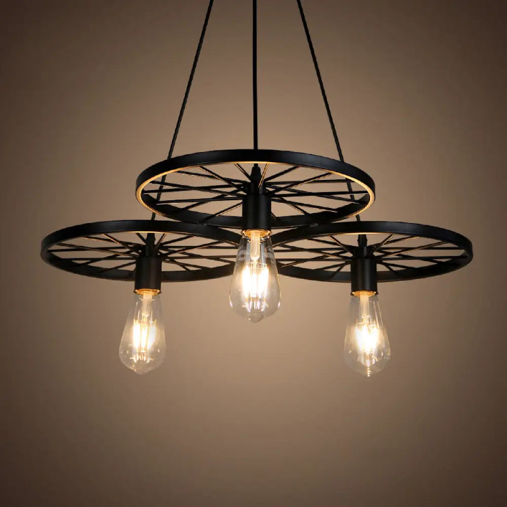 Black Industrial Wheel Chandelier for Living Room: Metal Hanging Light Fixture