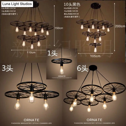 Black Industrial Wheel Chandelier for Living Room: Metal Hanging Light Fixture