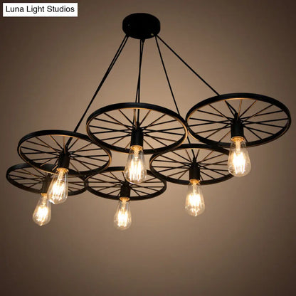 Black Industrial Wheel Chandelier for Living Room: Metal Hanging Light Fixture