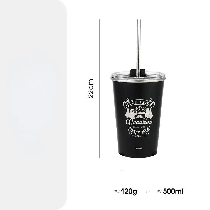 Black insulated bubble tea tumbler with silver lid and straw featuring white nice time vacation design for tea party use