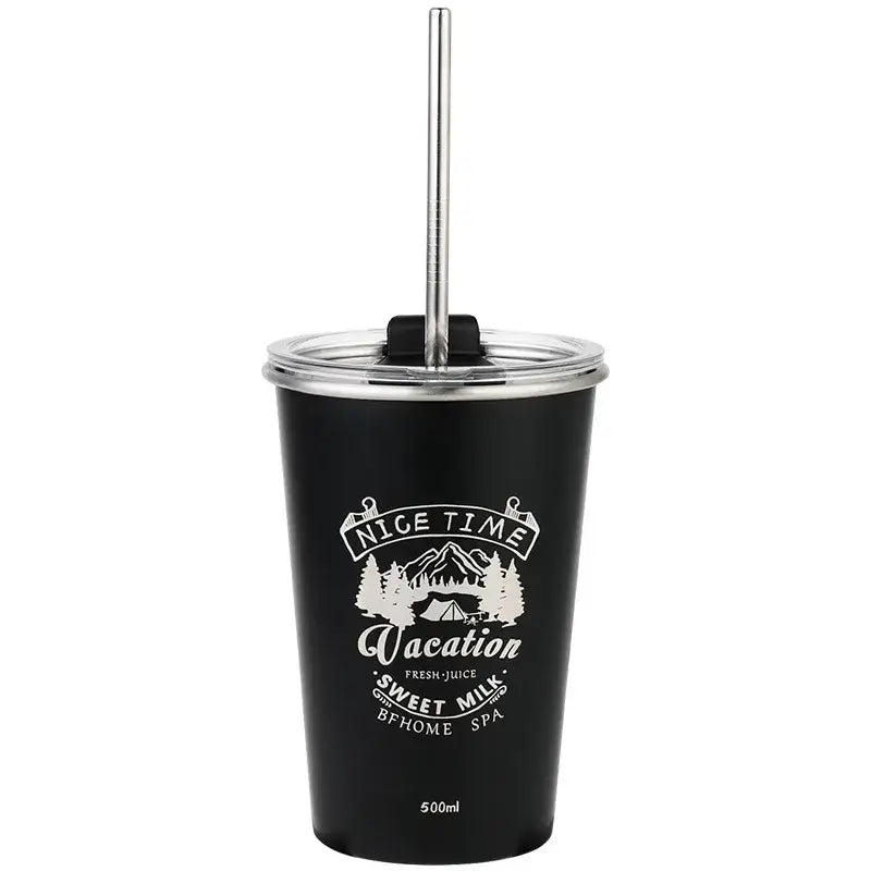 Black insulated stainless steel bubble tea tumbler with silver lid and straw featuring nice time vacation design for tea party