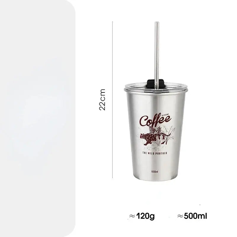 A sleek silver stainless steel bubble tea tumbler with black lid and straw featuring a brown panther coffee design