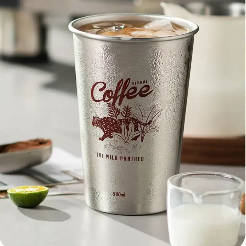 Silver metallic 500ml reusable coffee cup with brown the wild panther logo ideal for bubble tea and tea party use